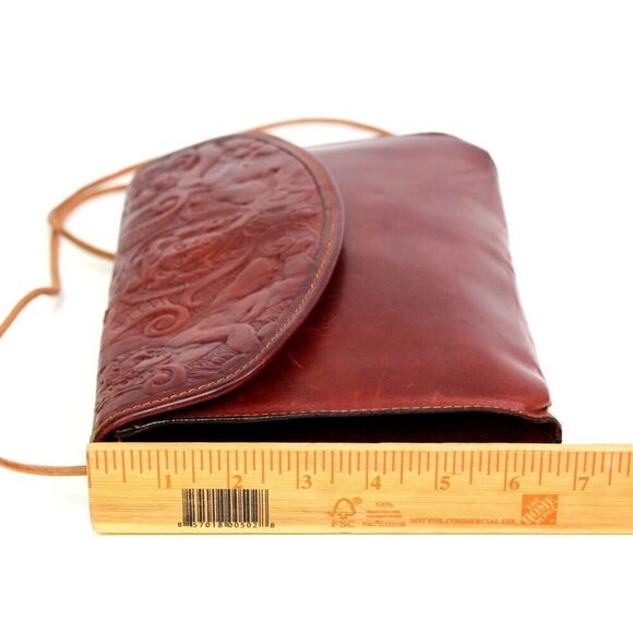 Paola del Lungo TOOLED RED BROWN REAL LEATHER FLAP SHOULDER BAG X-BODY - Picture 11 of 13